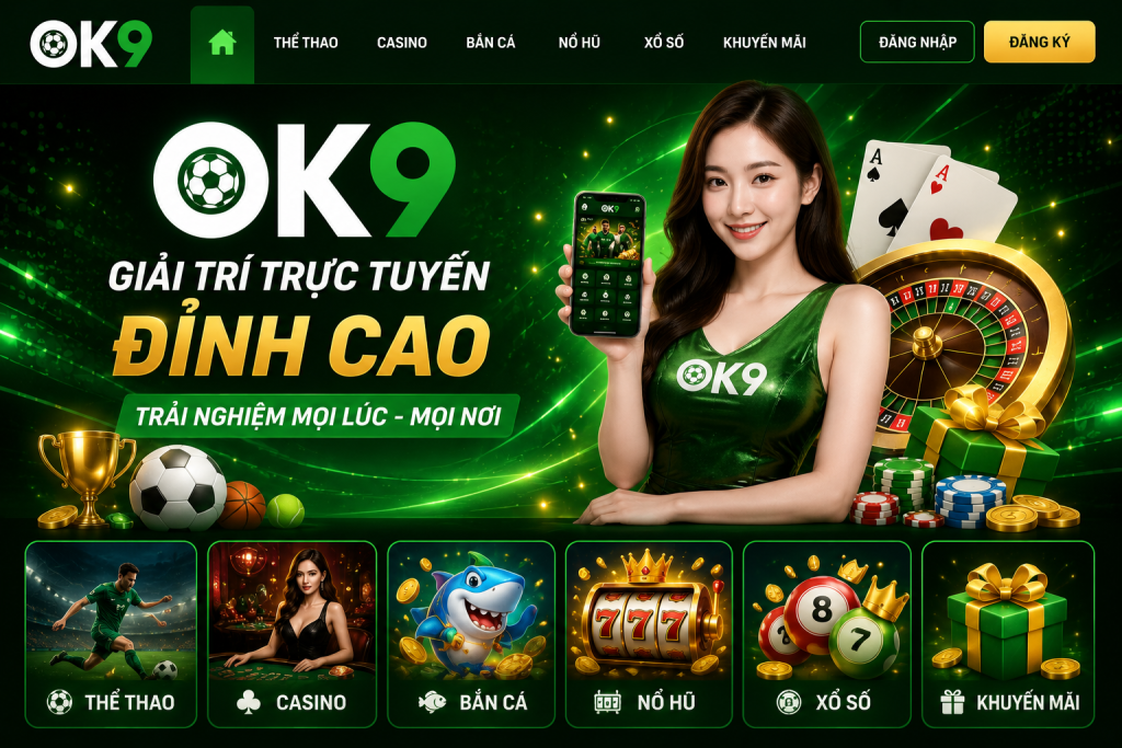 Tổng quan giao diện trang chủ OK9 với logo và các chuyên mục nổi bật.