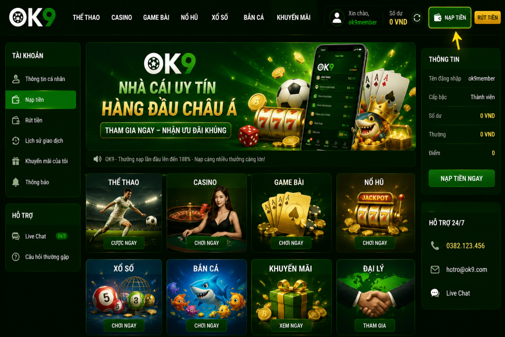 Giao diện OK9 sau khi đăng nhập với nút "Nạp Tiền" được hiển thị nổi bật