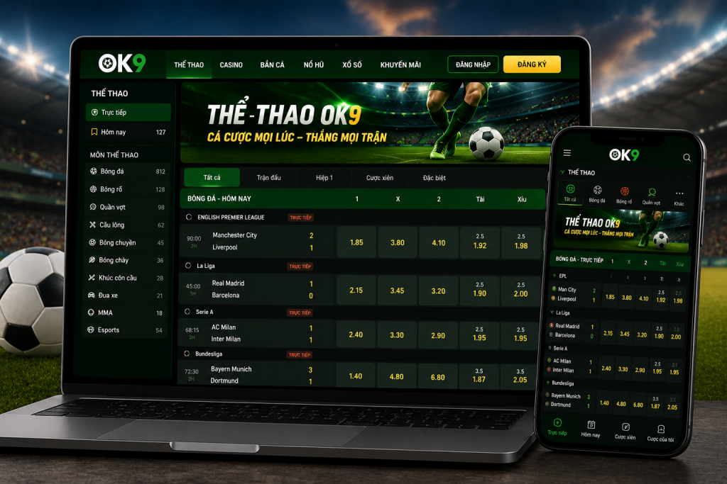 Giao diện danh sách các trận đấu cùng nhiều loại kèo thể thao trên OK9