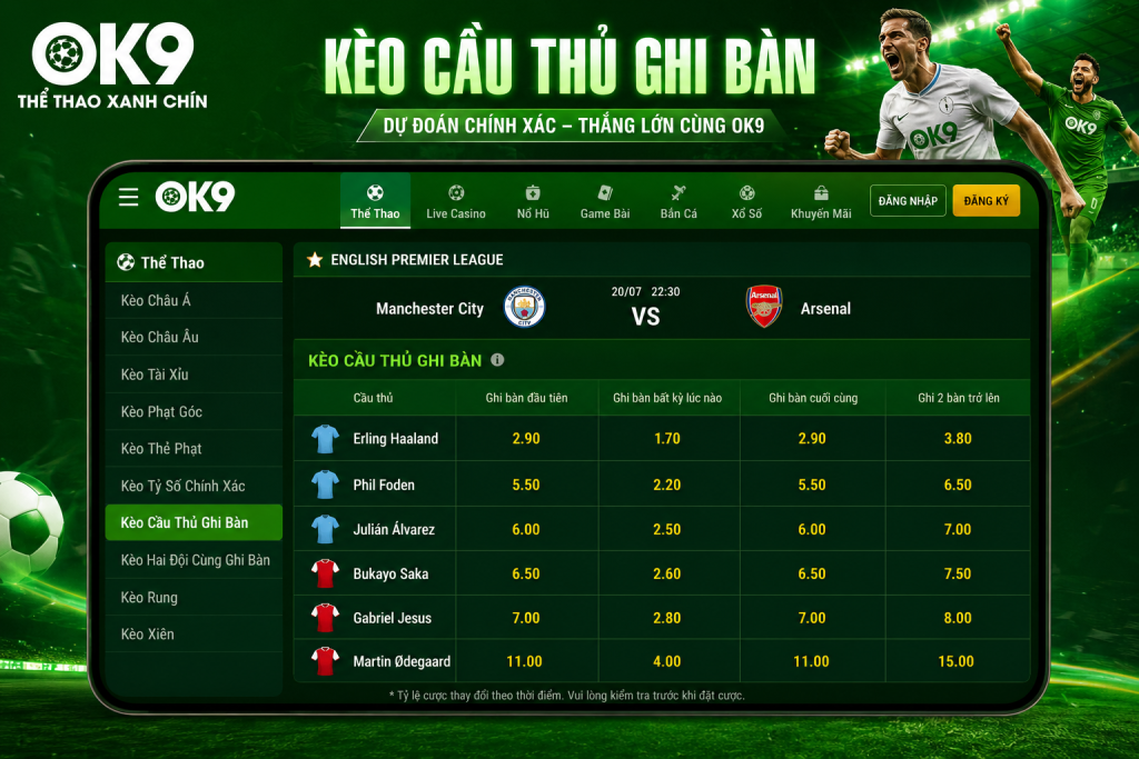 Giao diện bảng Kèo Cầu Thủ Ghi Bàn trên OK9